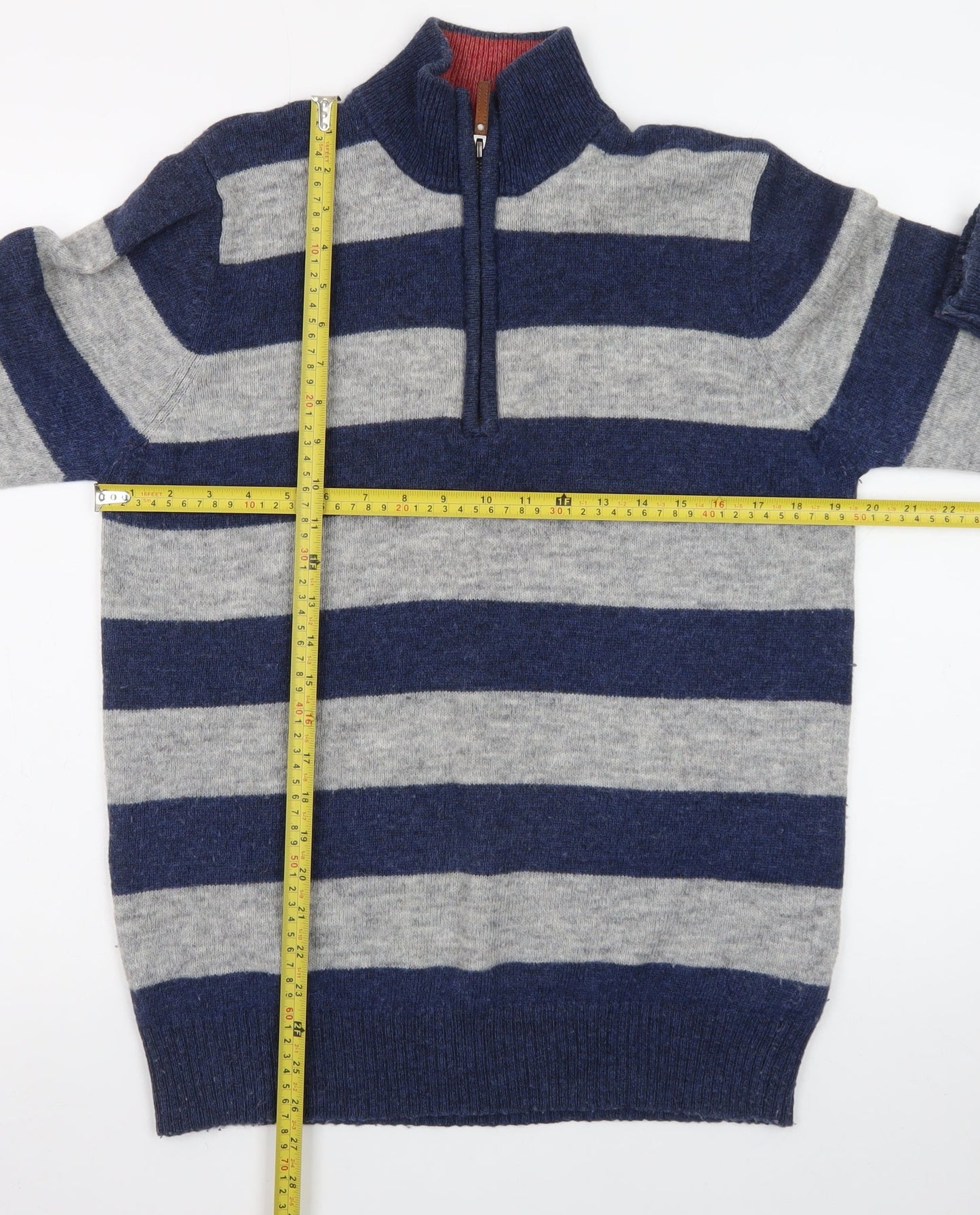 Jack Russell Men’s Blue Grey Striped 1/2 Zip Wool Jumper M