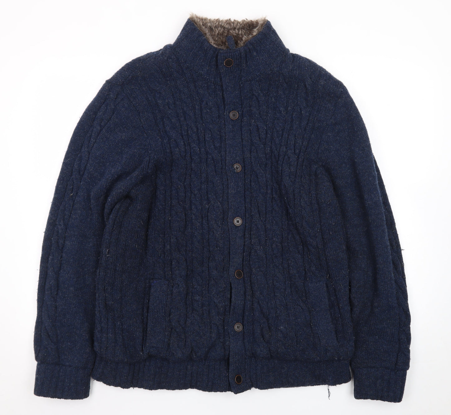 Morley Men's Blue Wool Cable Knit Fur Lined Button Cardigan L
