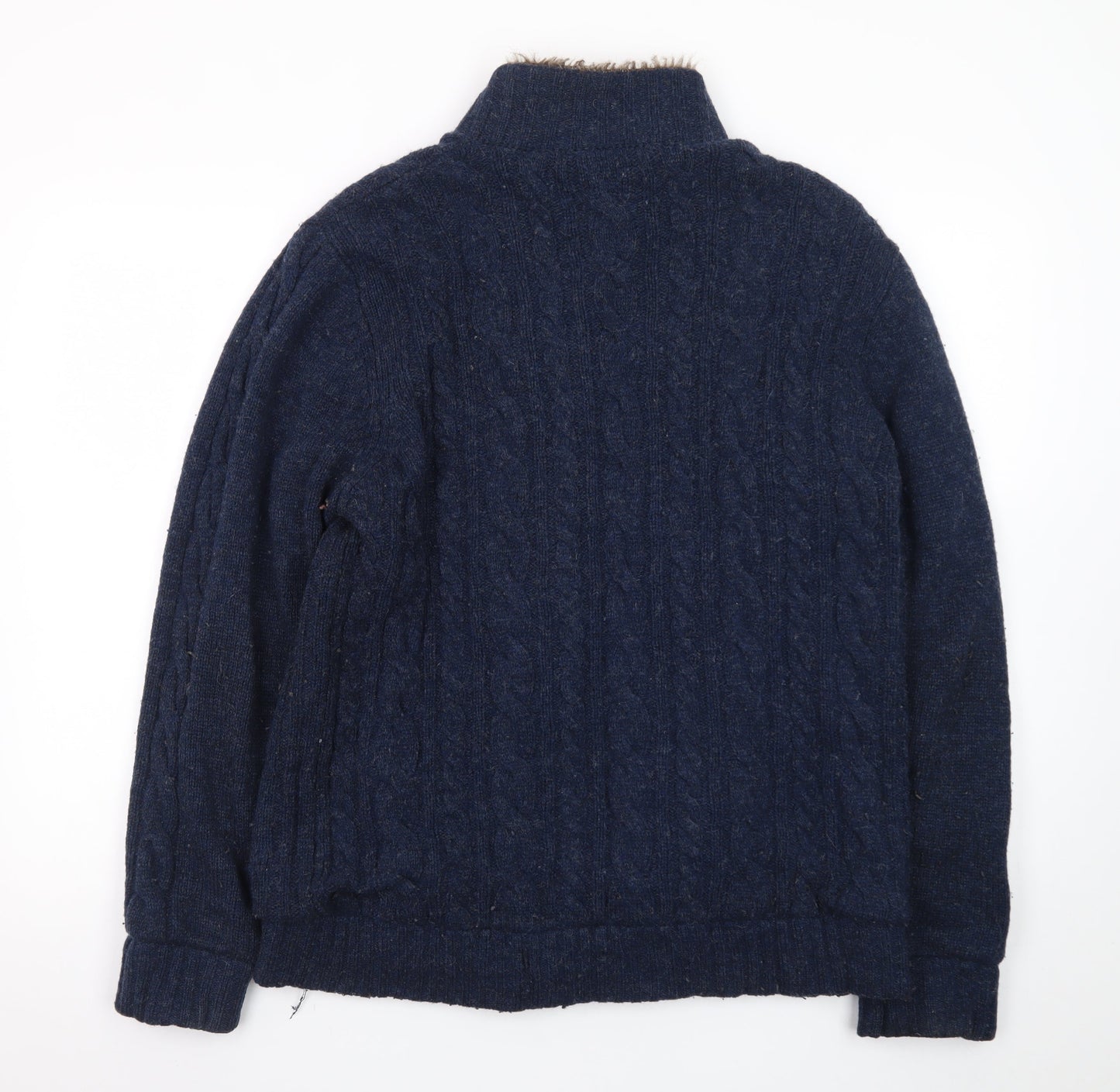 Morley Men's Blue Wool Cable Knit Fur Lined Button Cardigan L