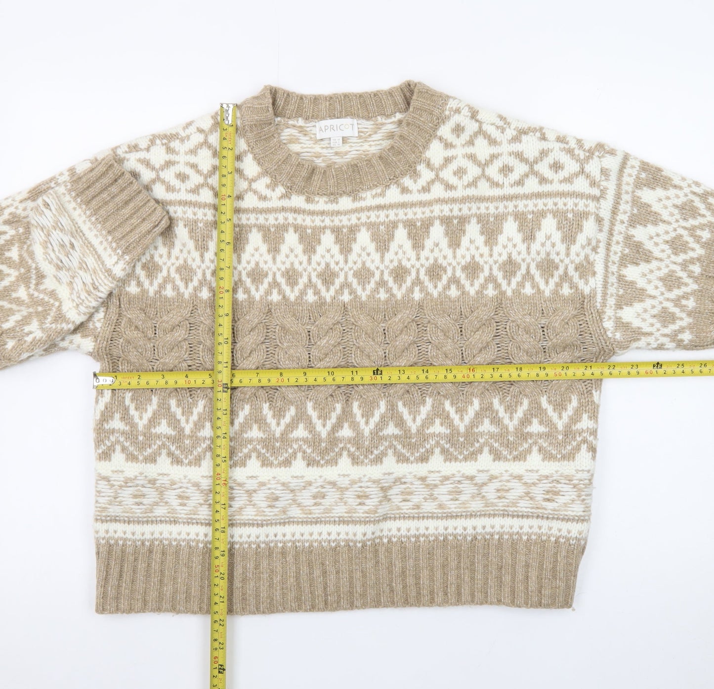 Apricot Womens Beige Fair Isle Cable-Knit Jumper UK 14 L Winter Pullover