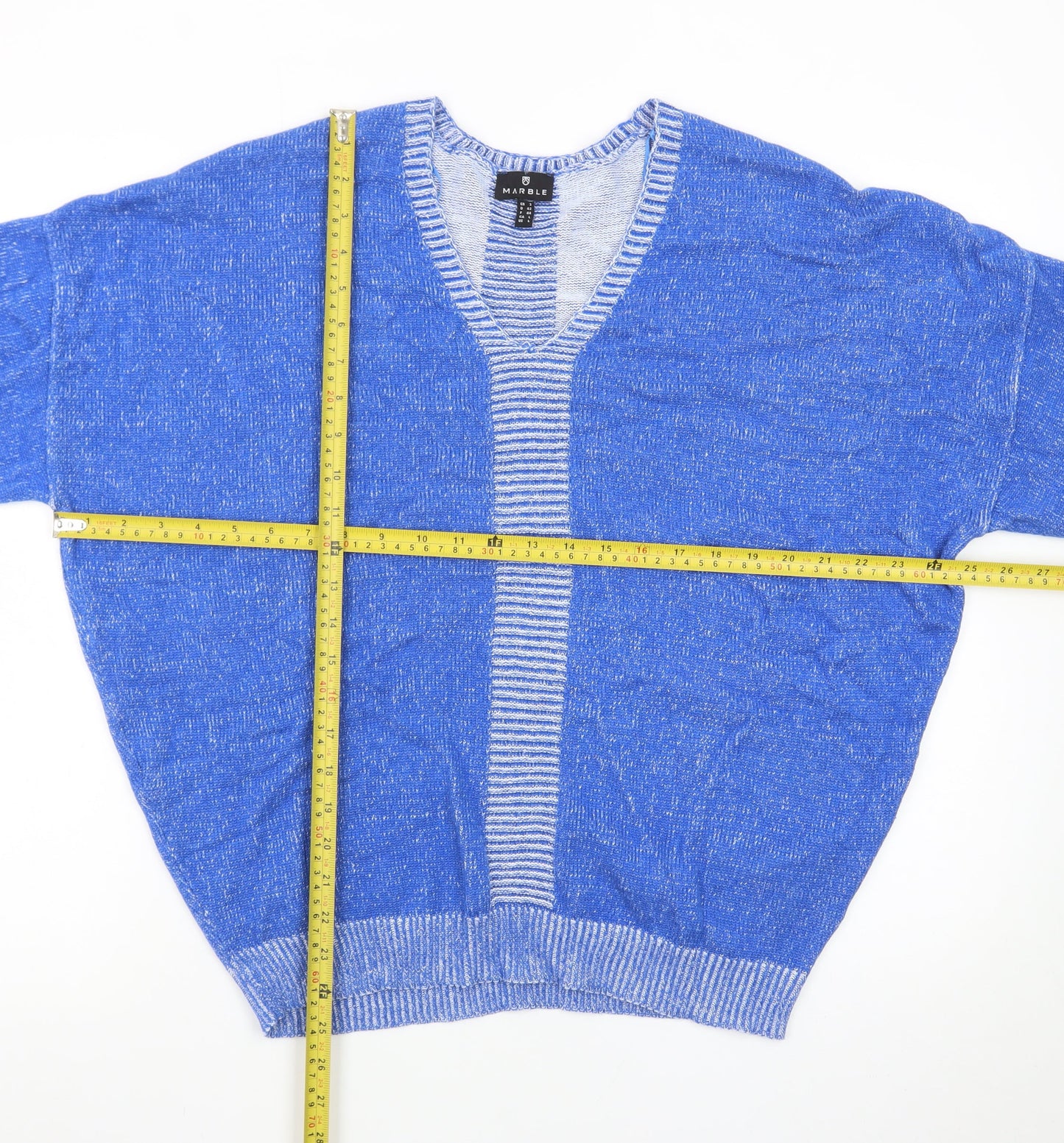 Marble Women Blue Short Sleeve V-Neck Knit Cardigan Size 16