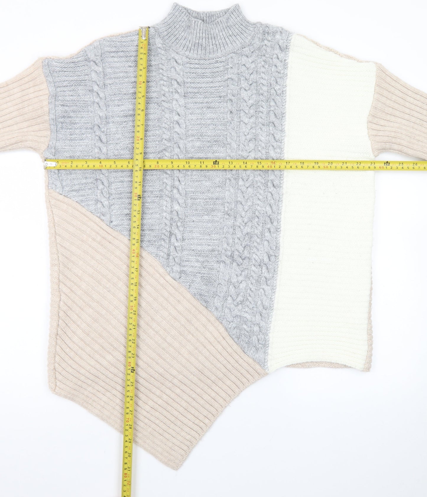 River Island Women’s Beige Colour Block High Neck Cable Knit Jumper Size 14