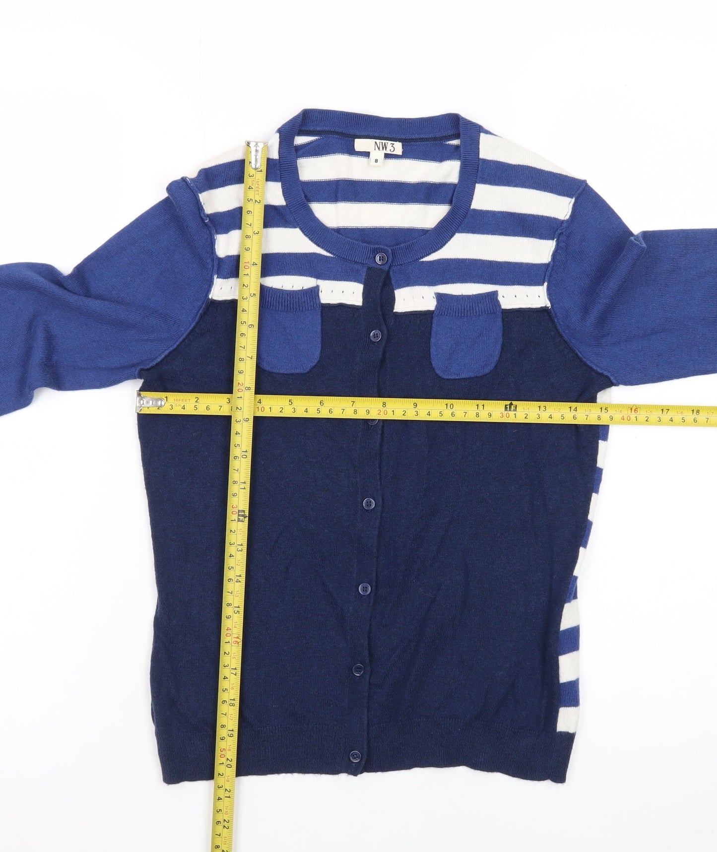 NW3 Women Blue Striped Button Cardigan Size 8 Cotton Blend