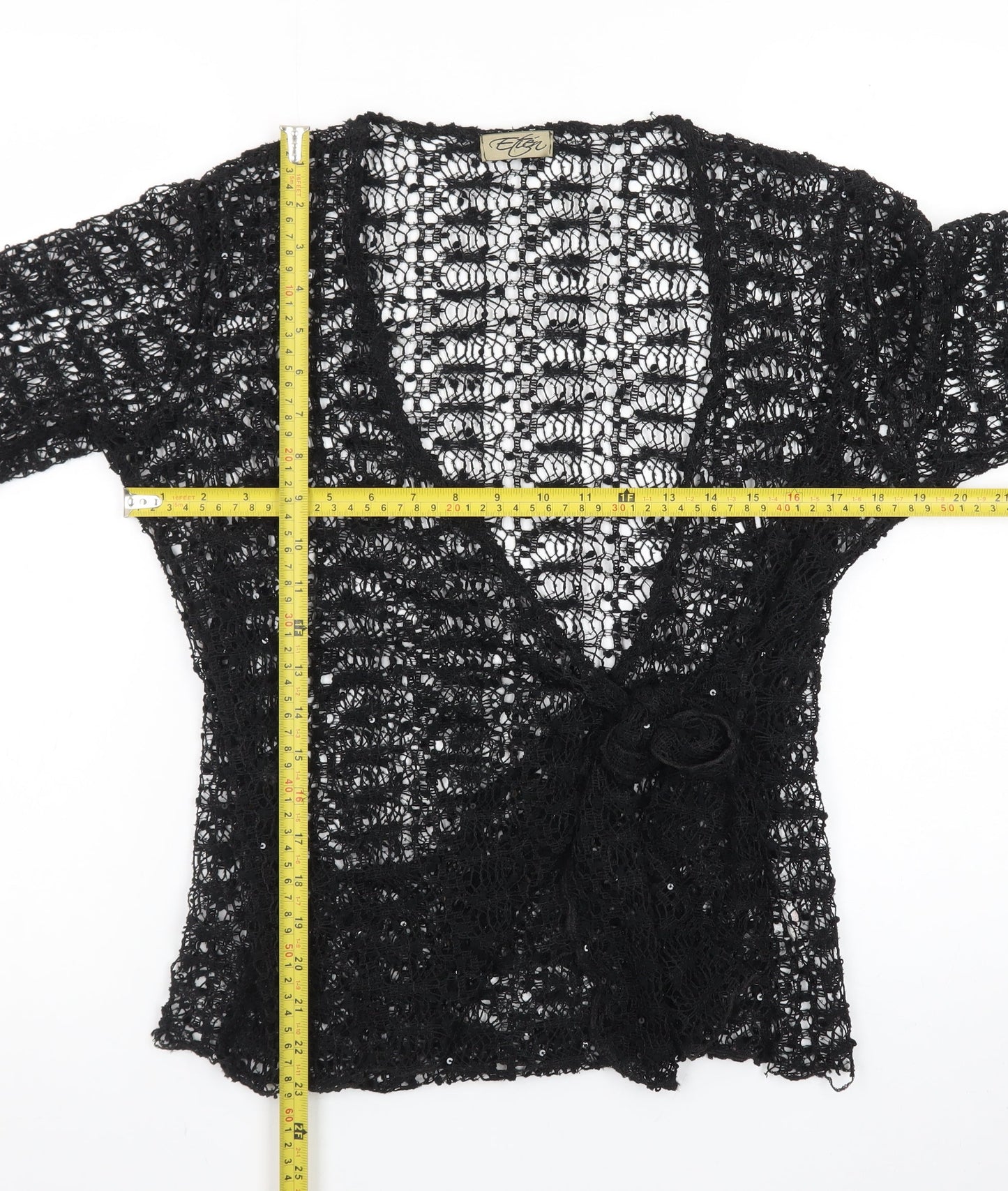 Etén Women’s Black Open Knit Sequin Crochet Cardigan Size L