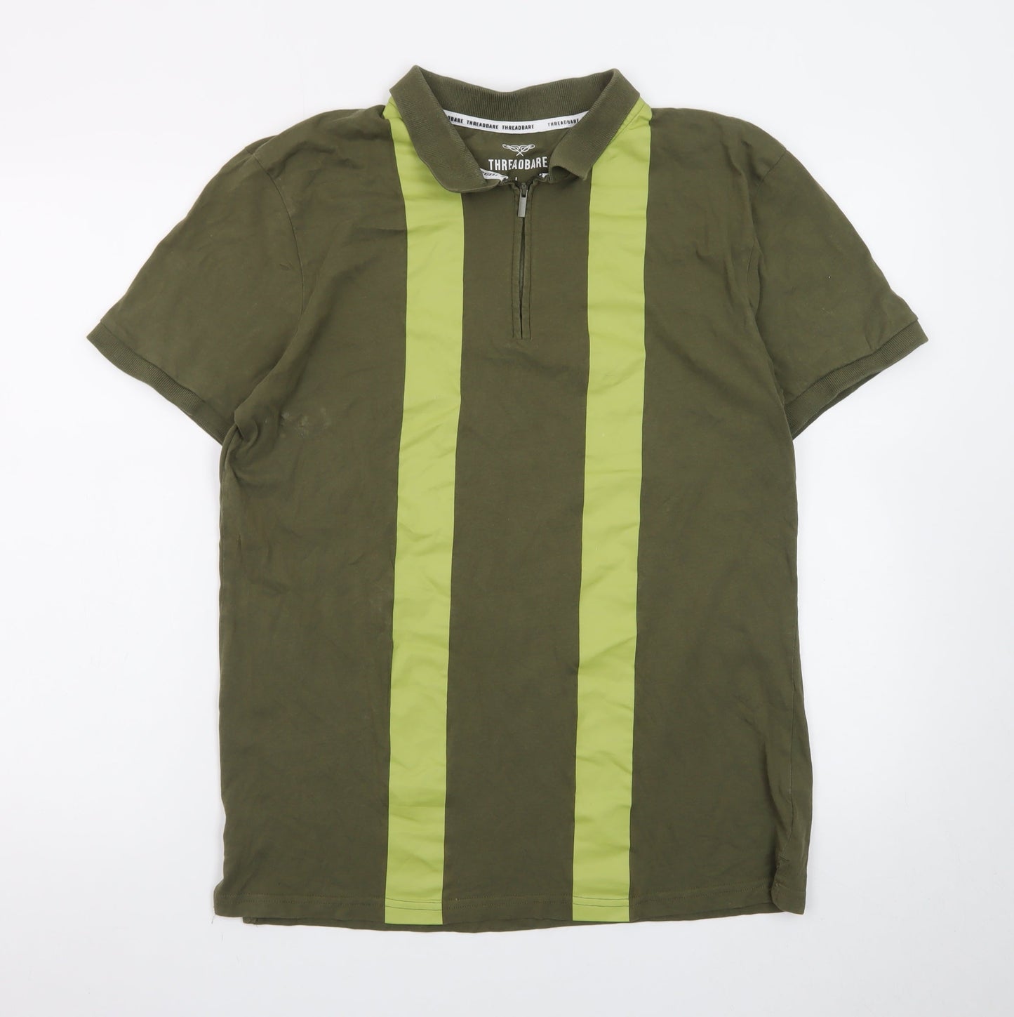 Threadbare Men's Green Colourblock 1/4 Zip Polo Shirt Size L