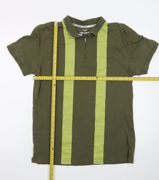 Threadbare Men's Green Colourblock 1/4 Zip Polo Shirt Size L