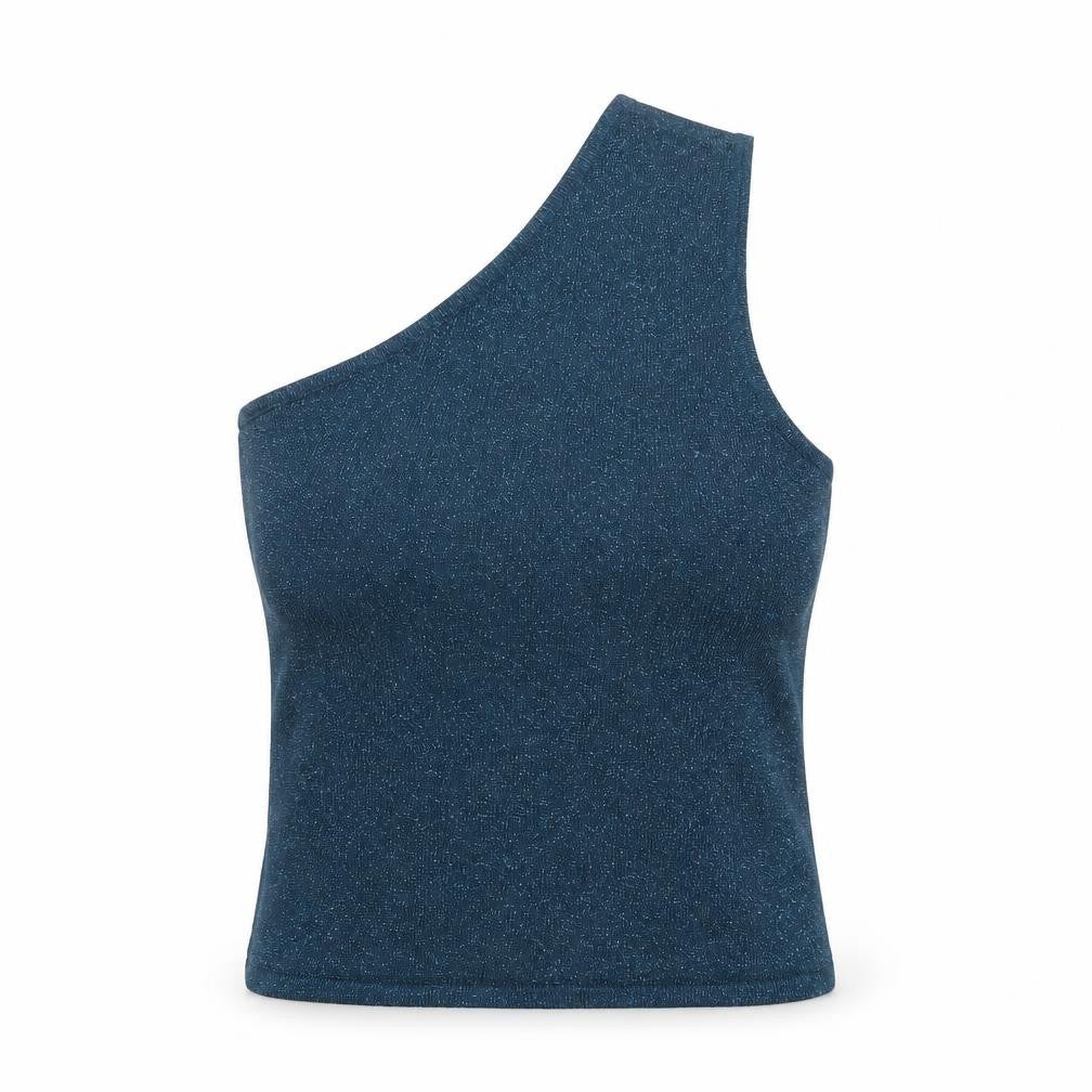 Motel Rocks Womens Blue Glitter One Shoulder Tank Top 2XS