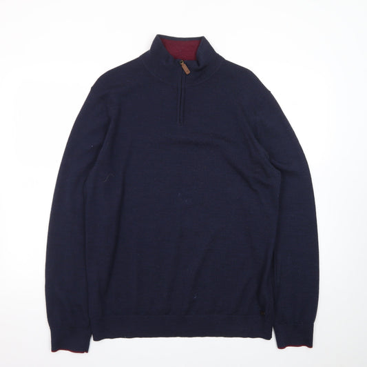 White Stuff Men’s Blue Wool Half Zip Jumper XL High Neck Knit
