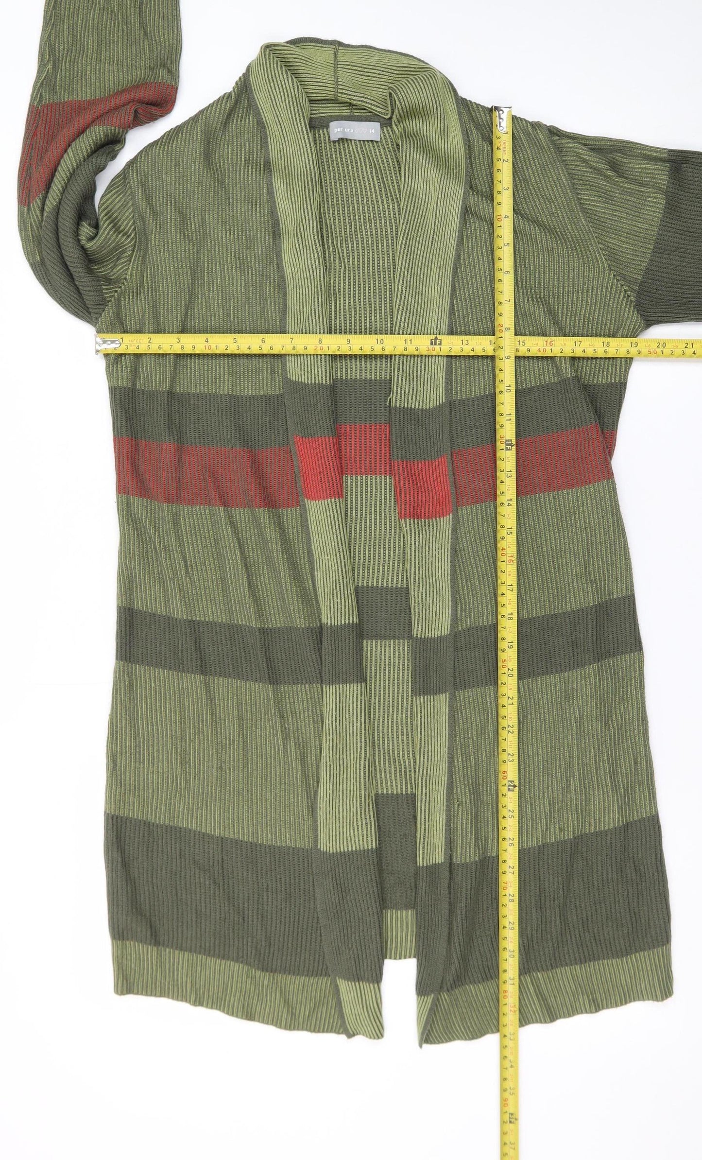 Marks and Spencer Per Una Women Green Striped Long Cardigan Size 14