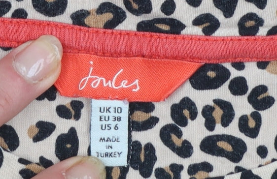 Joules Women's Beige Leopard Print Cotton T-Shirt UK 10