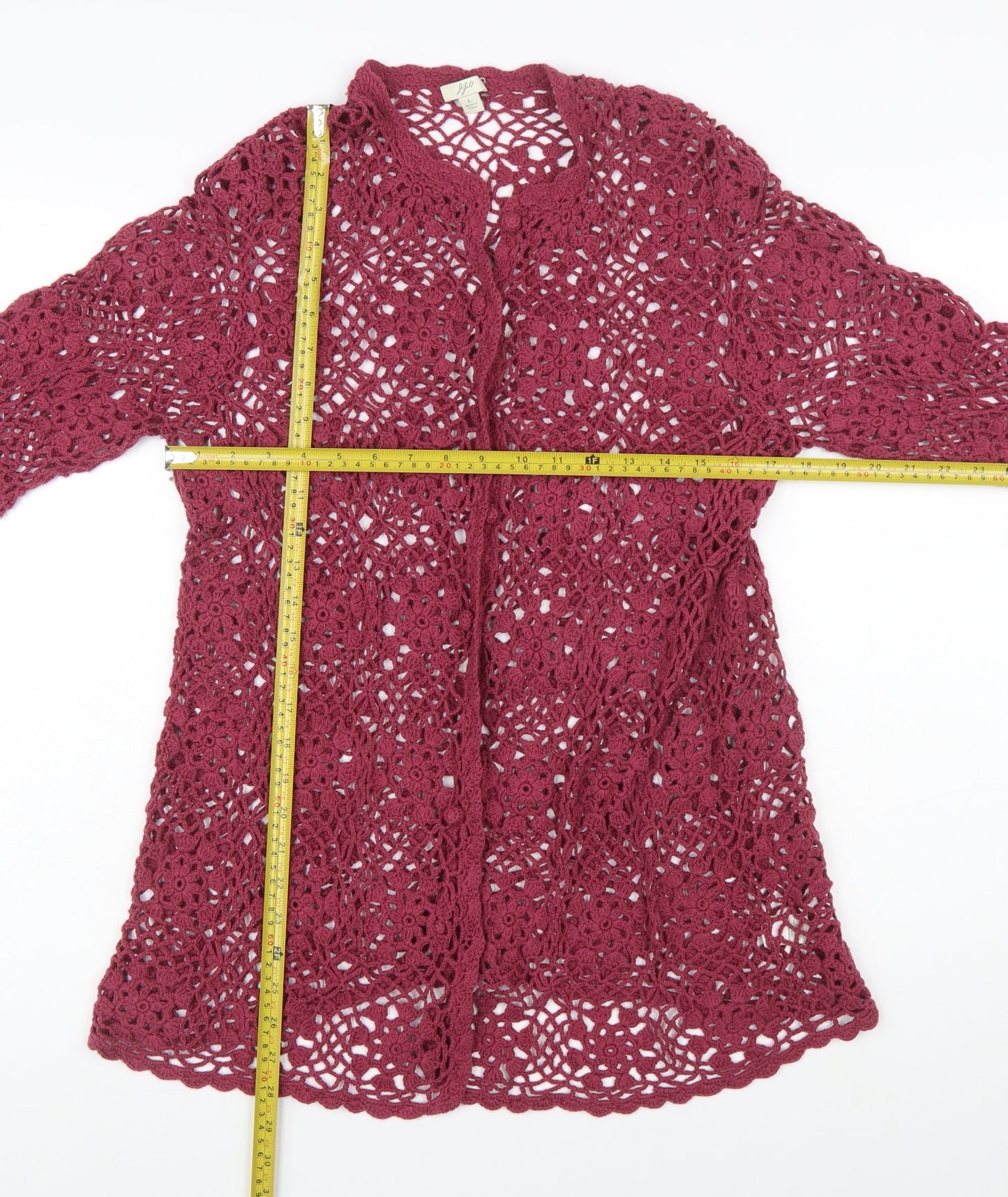 J.Jill Women Red Crochet Open Knit 3/4 Sleeve Cardigan L