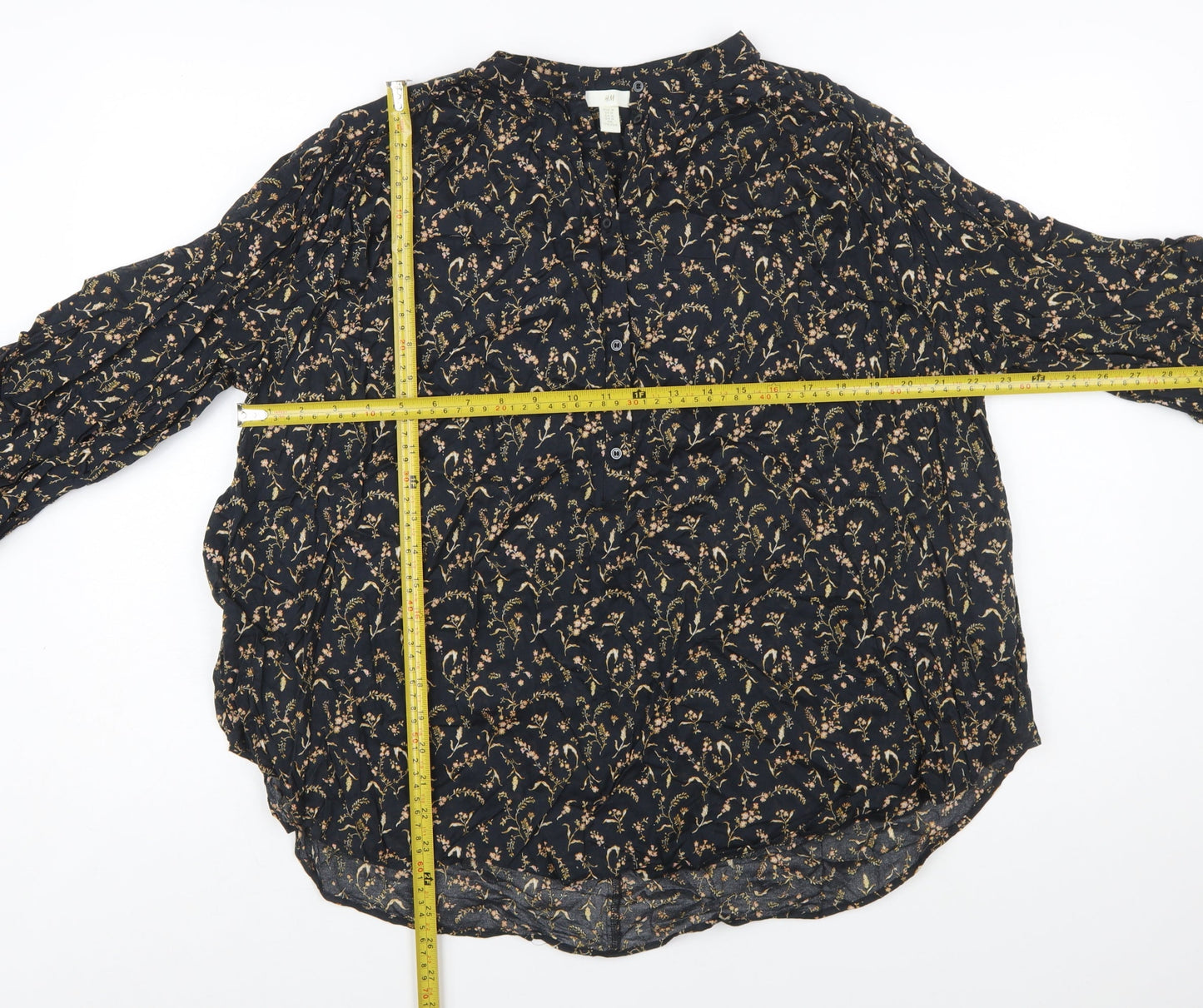 H&M Womens Black Floral Cotton Long Sleeve Tunic Blouse Size 12