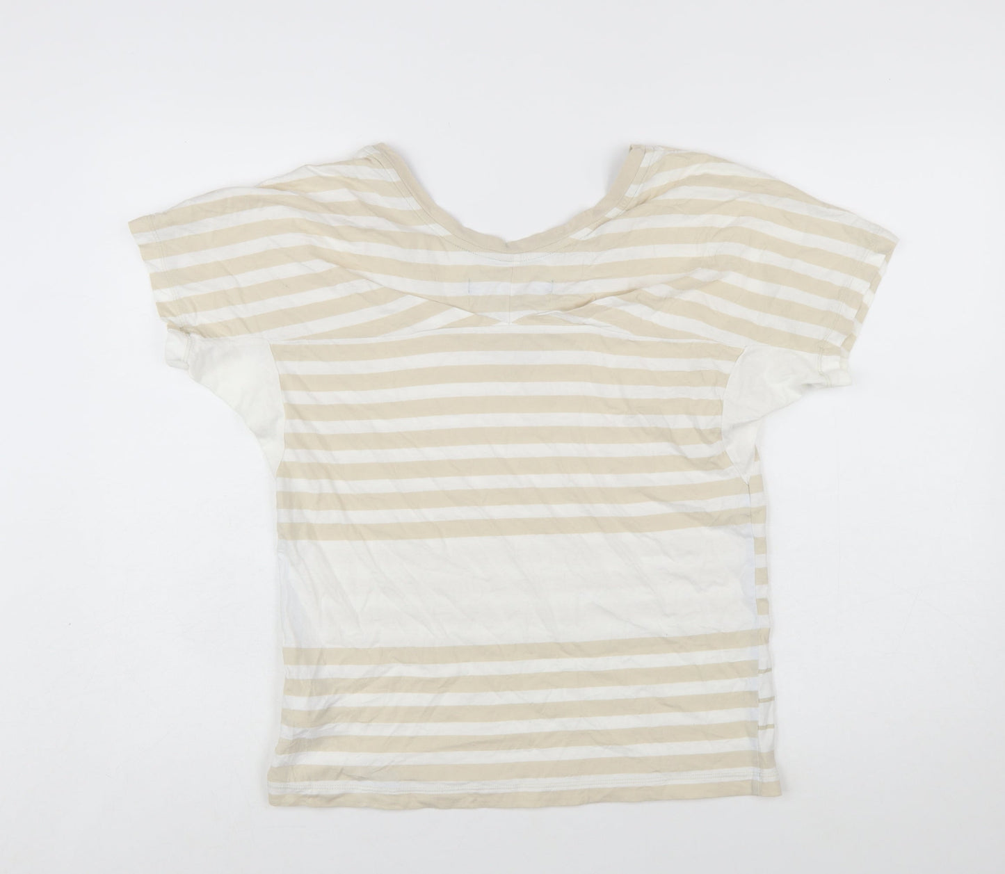 Adidas Womens Beige Striped V-Neck Cotton T-Shirt Size 10