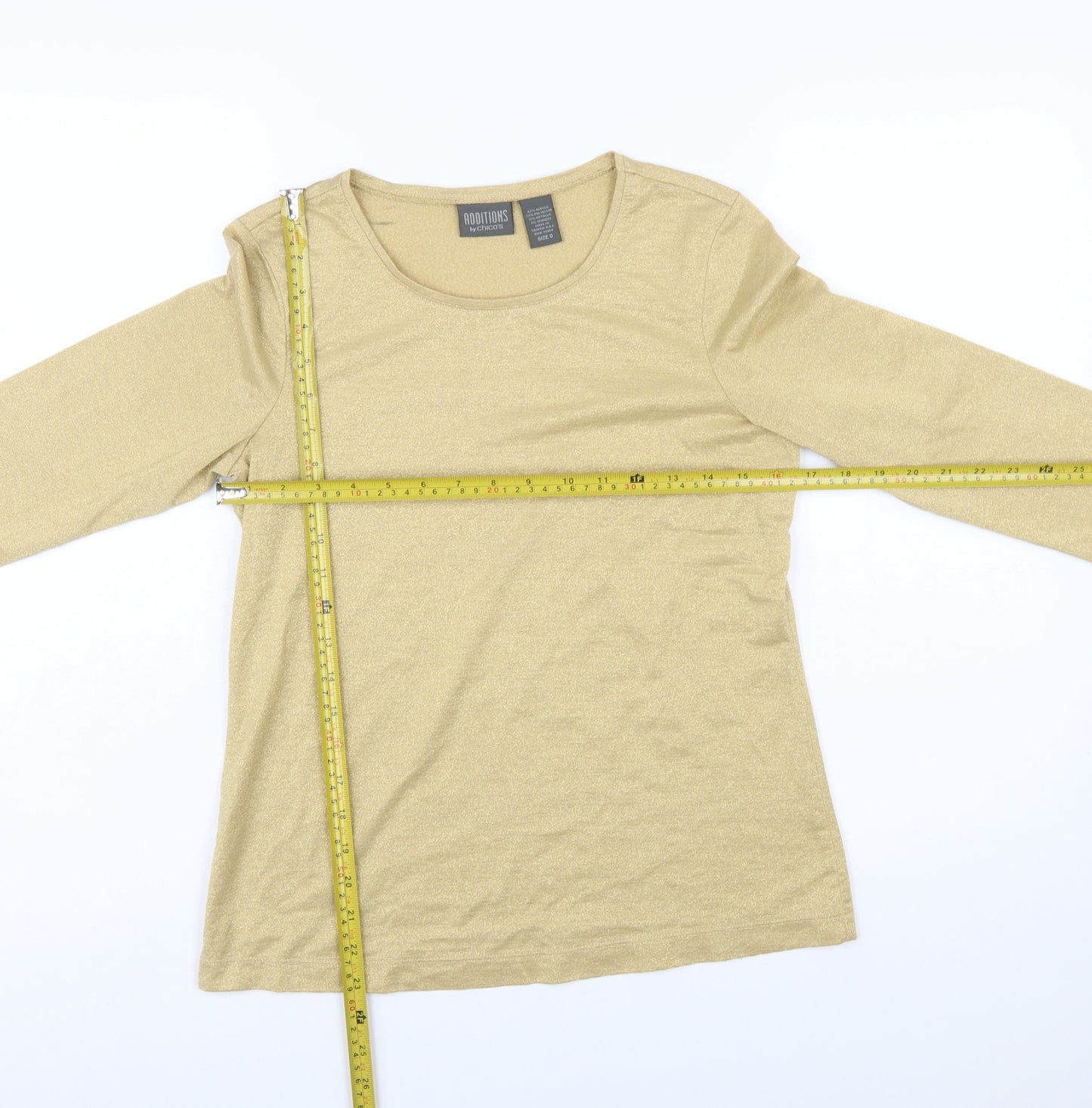 Chico's Women Gold Glitter Long Sleeve Scoop Neck Top Size S