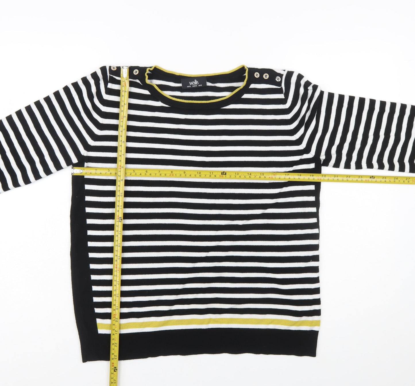 Wallis Women's Black Striped Button Shoulder Boat Neck Jumper Size 16