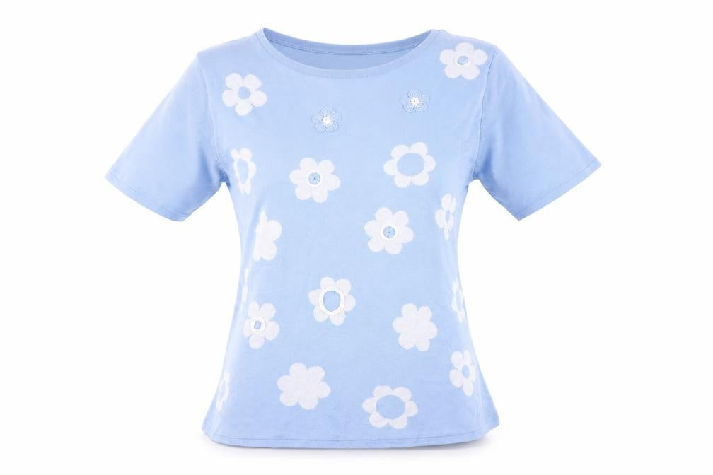 Mudflower Women Blue Floral Knit Short Sleeve Pullover Jumper S