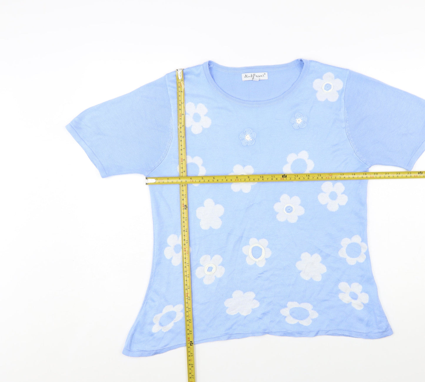 Mudflower Women Blue Floral Knit Short Sleeve Pullover Jumper S