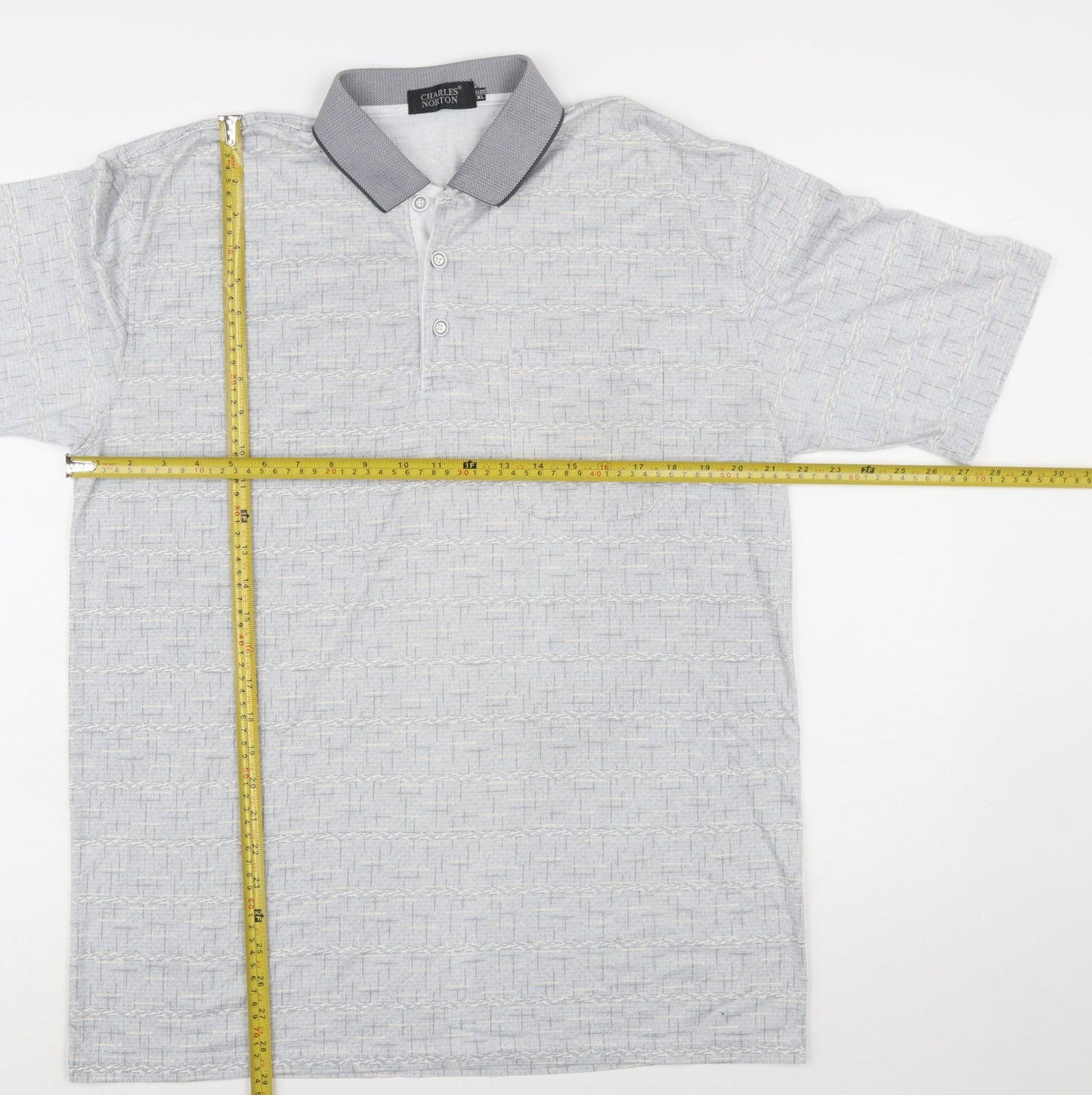 Charles Norton Men's Grey Geometric Polo Shirt XL Short Sleeve