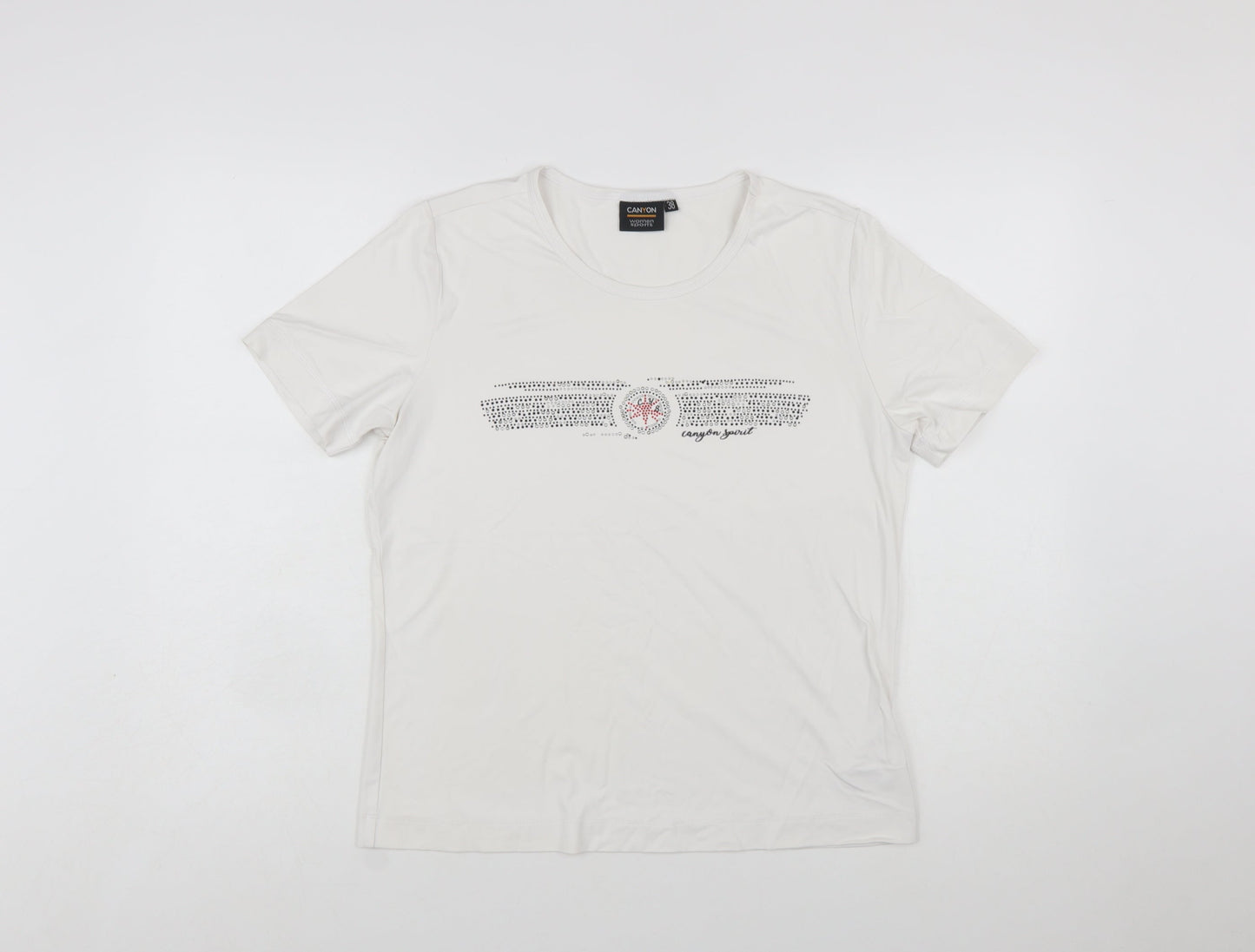 Canyon Women White Rhinestone Logo Short Sleeve Stretch T-Shirt Size 10