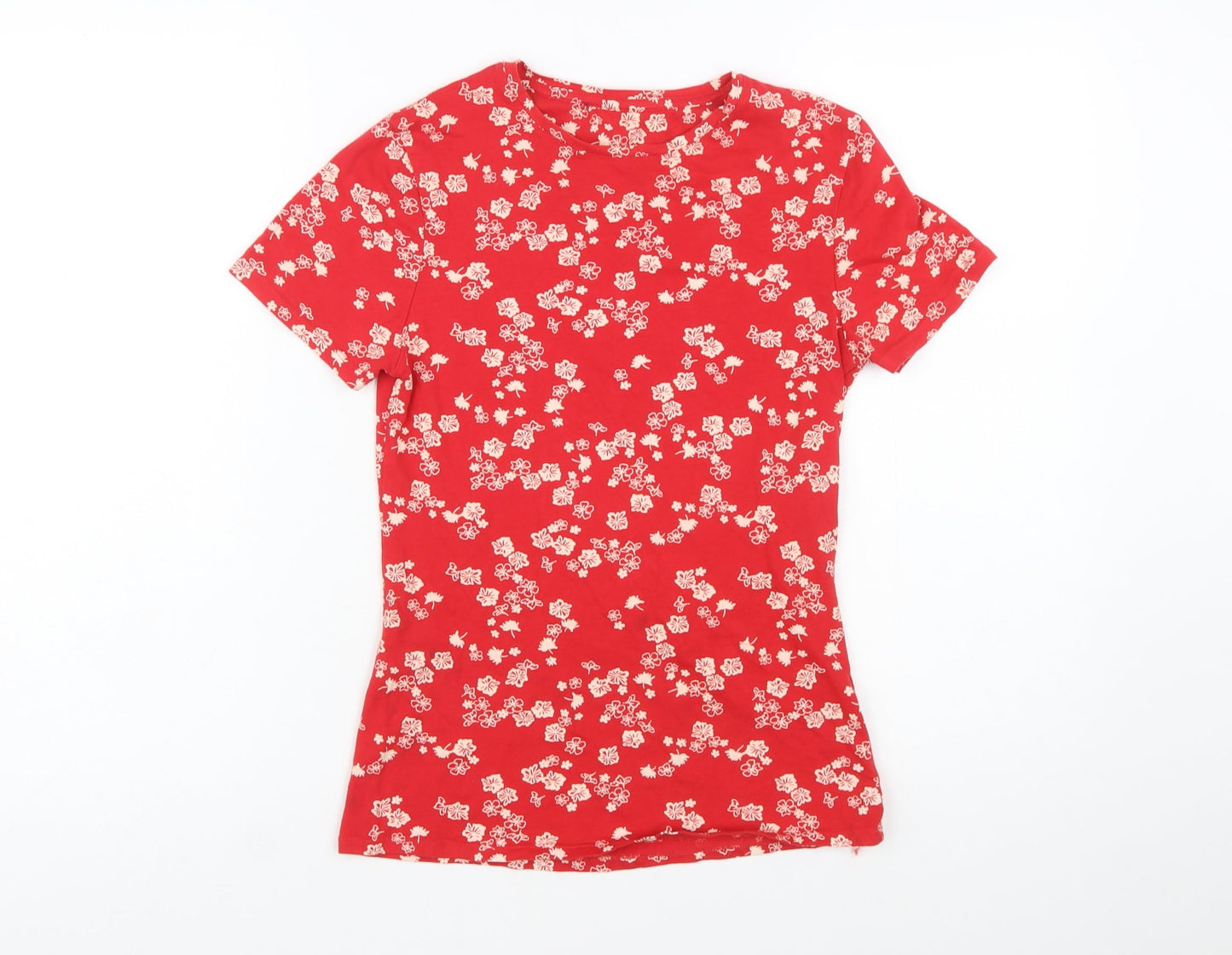 Marks and Spencer Women Red Floral Short Sleeve Cotton T-Shirt Size 8