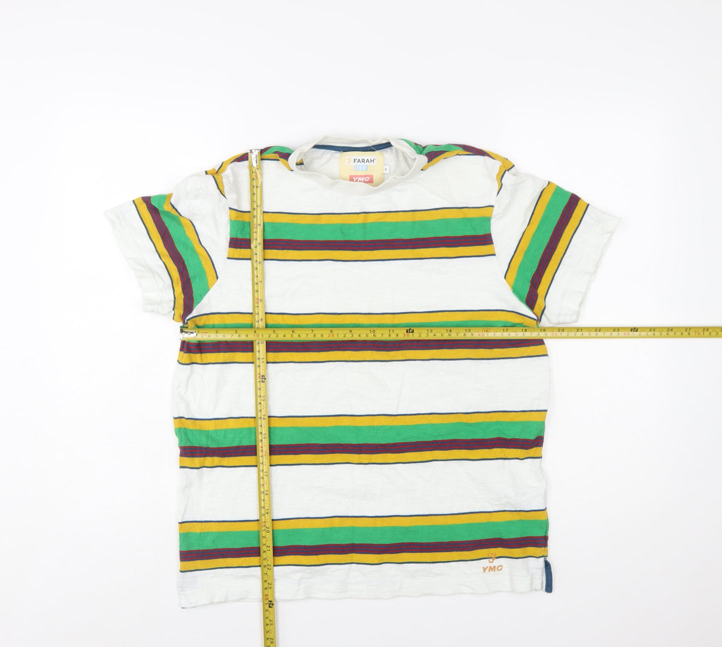 Farah YMC Men's White Multicoloured Striped Cotton T-Shirt Size S