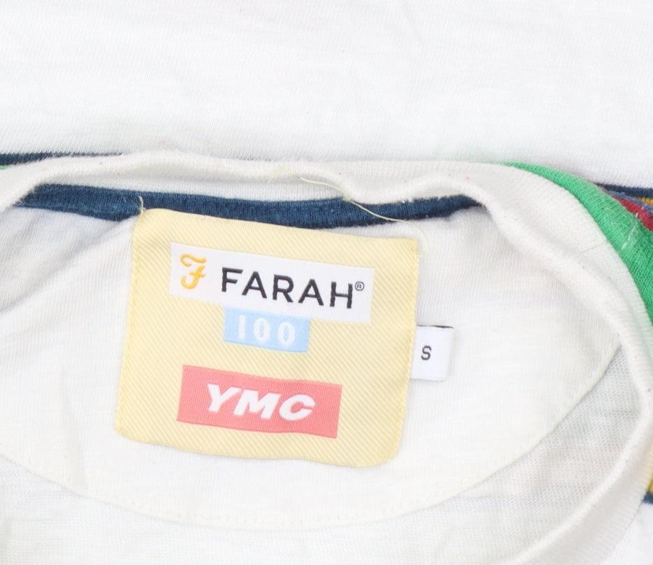 Farah YMC Men's White Multicoloured Striped Cotton T-Shirt Size S