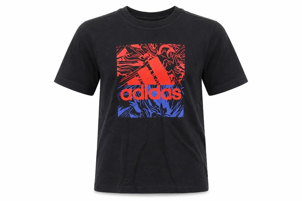 Front view of Adidas boys’ black graphic logo t-shirt 11-12 years cotton sports tee
