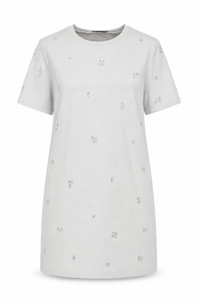 Zara Women Grey Short Sleeve Beaded Shift Dress Size S