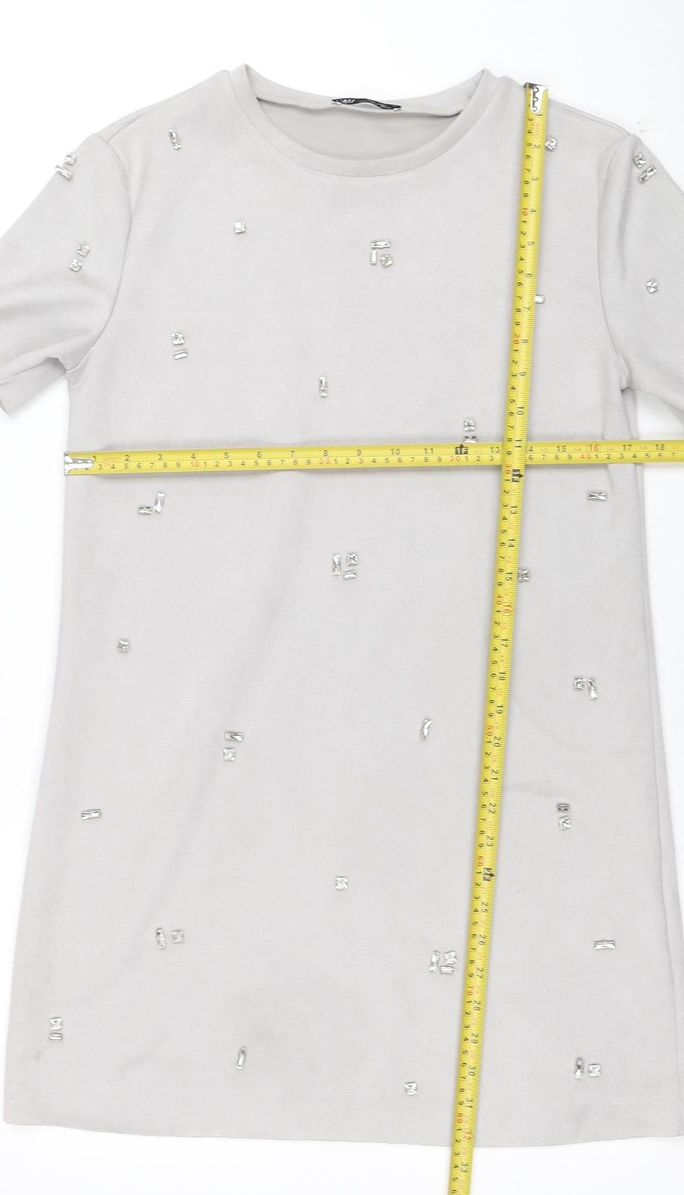 ZARA Women Grey Short Sleeve Beaded Shift Dress Size S