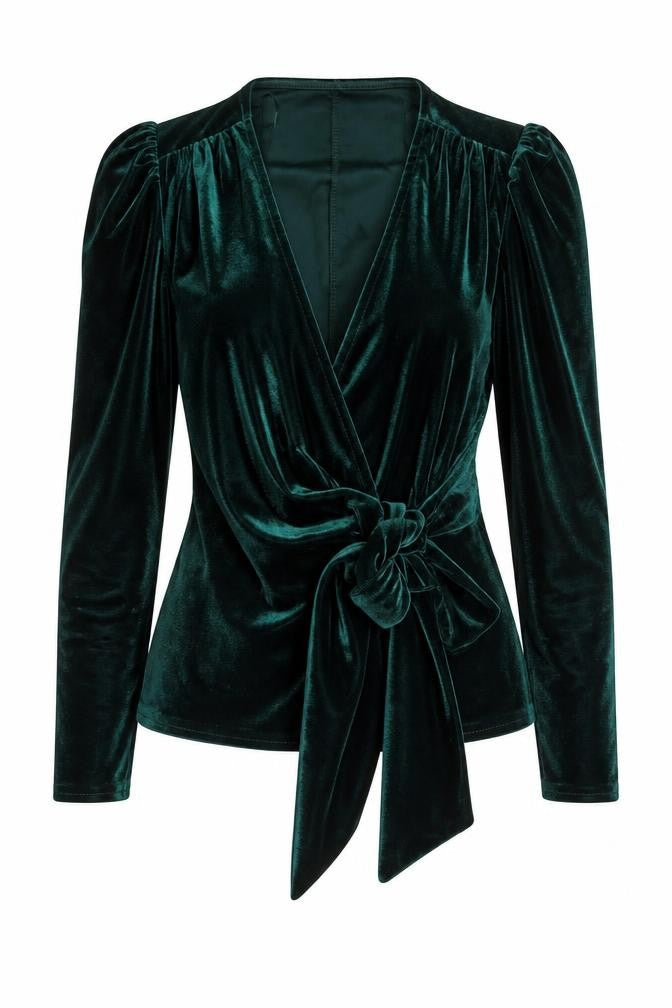 Quiz Women Green Velvet Wrap Blouse Size 8 Long Sleeve Tie Front Top