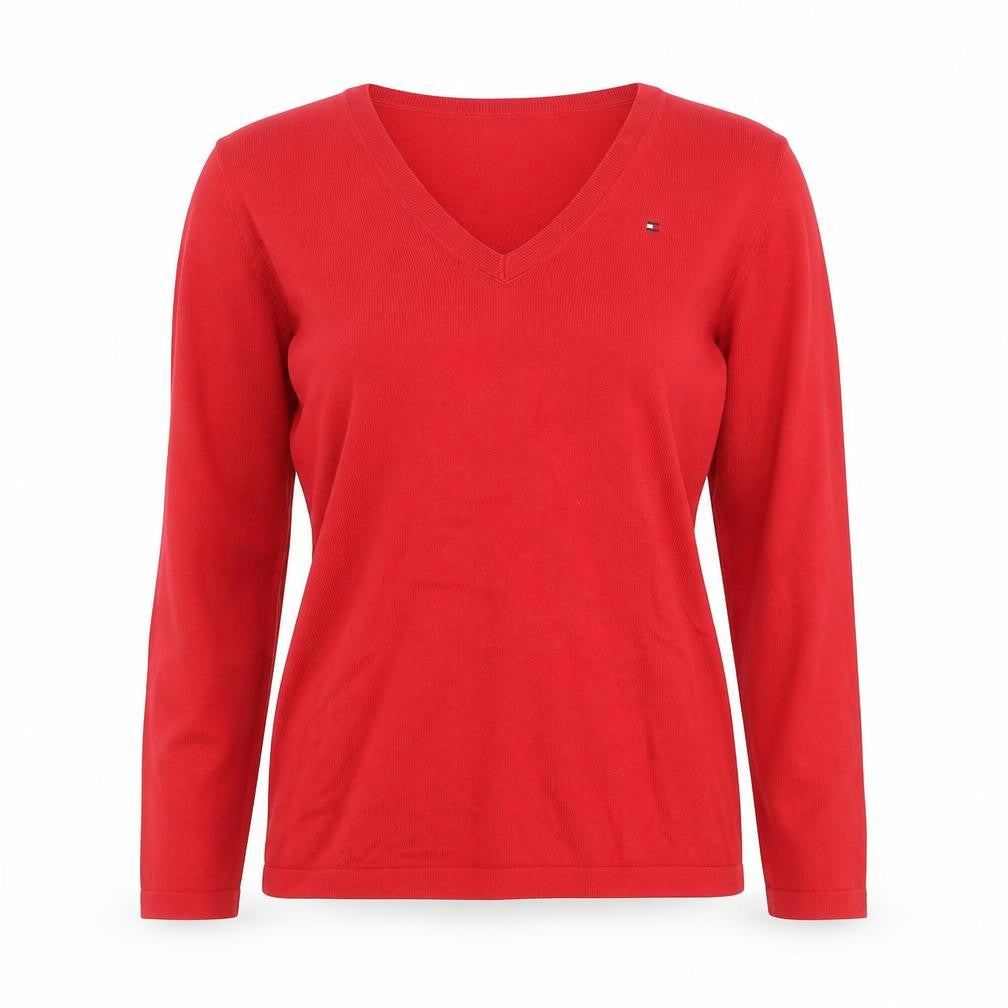 Tommy Hilfiger Women's Red V-Neck Cotton Jumper Size S