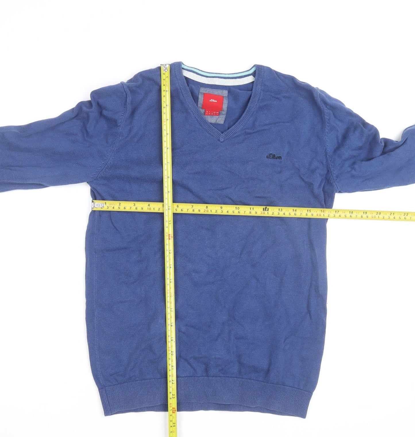 s.Oliver Men's Blue V-Neck Cotton Jumper Size M Classic Knitwear