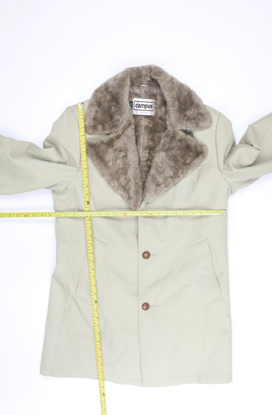 Campus Men Beige Faux Fur Collar Long Overcoat Size 42 Vintage