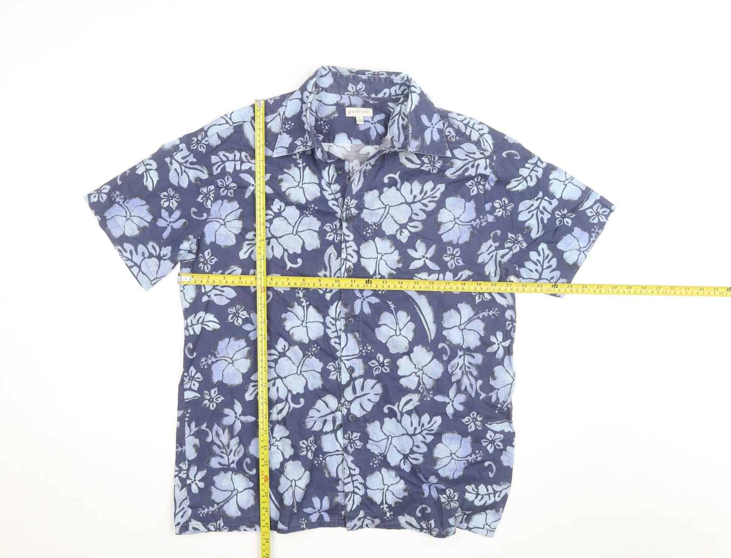 Oviesse Men's Blue Floral Hawaiian Short Sleeve Cotton Shirt L