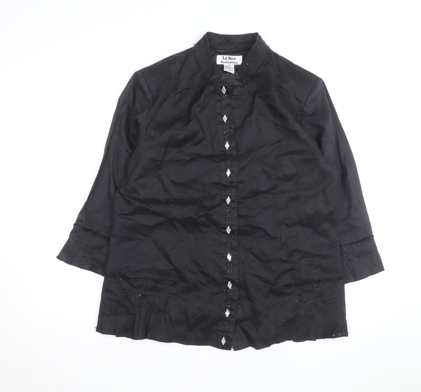 La Rea Collection Women's Black Linen Tunic Blouse M 3/4 Sleeve Beaded