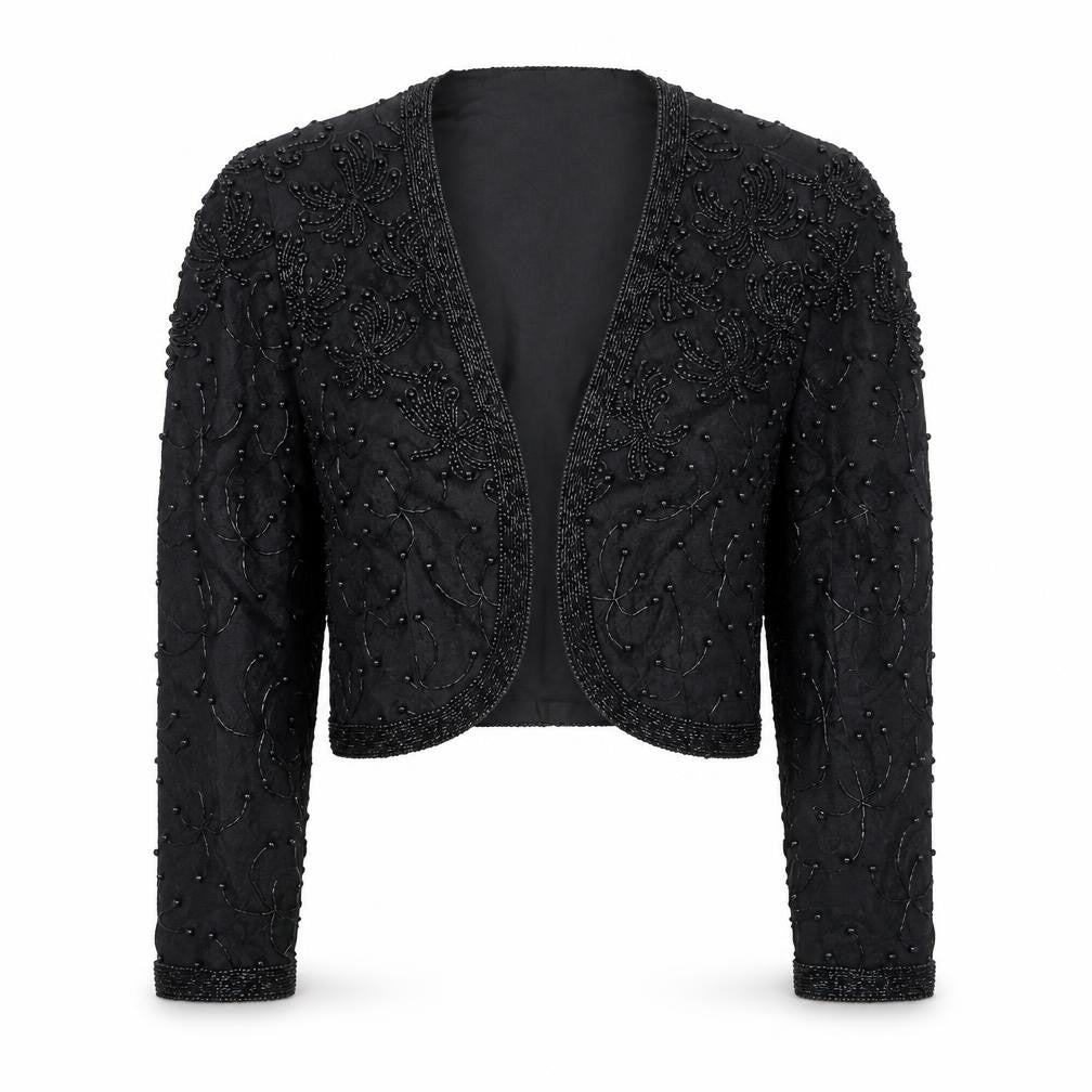 Scala Women’s Black Beaded Cropped Evening Blouse Size M