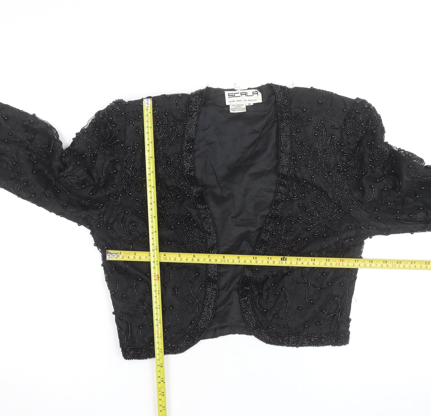Scala Women’s Black Beaded Cropped Evening Blouse Size M