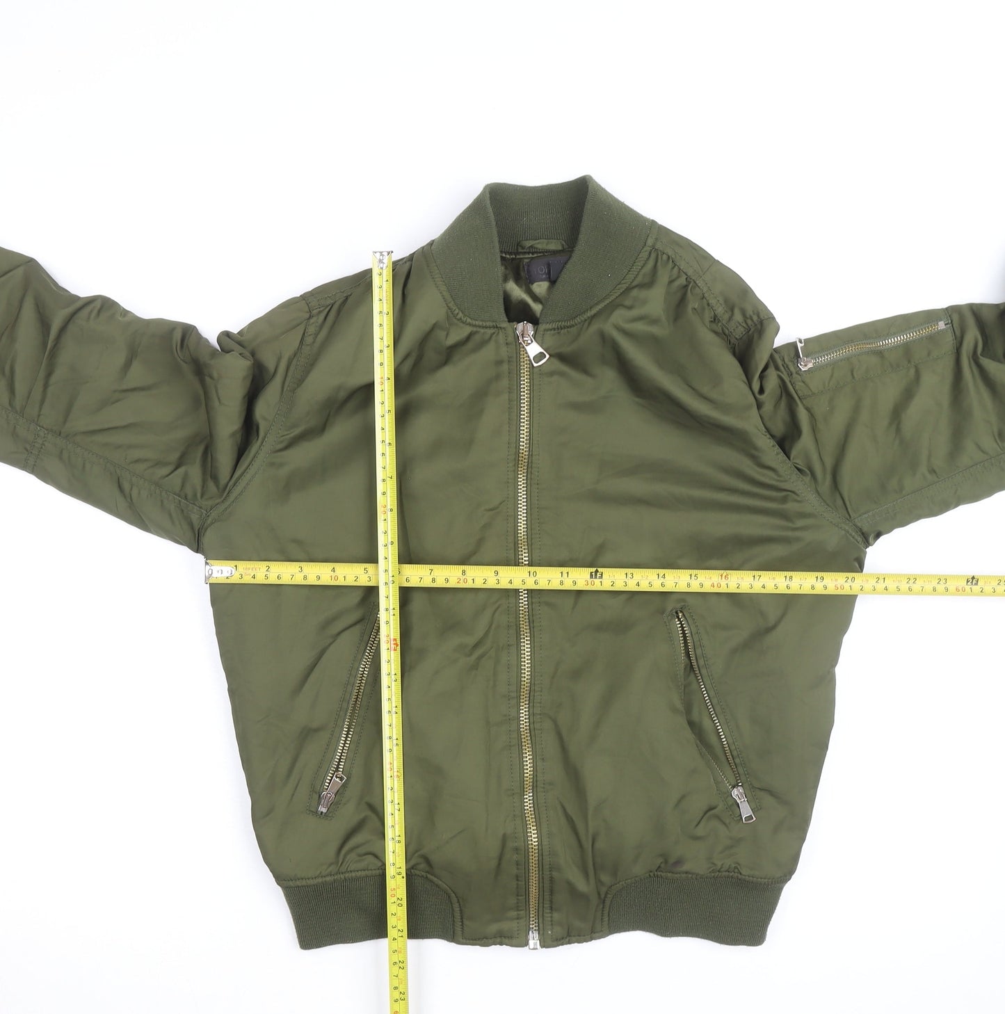 Topshop Women’s Green Bomber Jacket Size 12 Cropped Zip Pockets