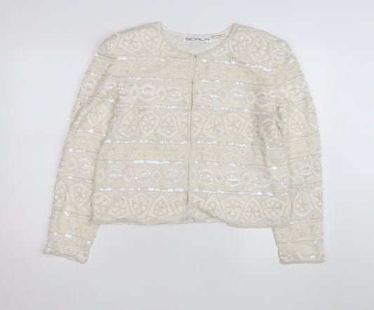 Scala Women Ivory Beaded Sequin Silk Cardigan Size L Formal