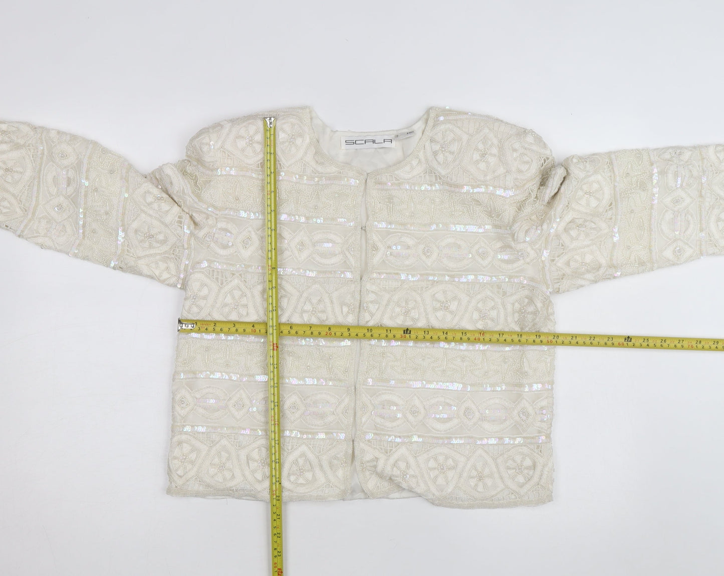 Scala Women Ivory Beaded Sequin Silk Cardigan Size L Formal
