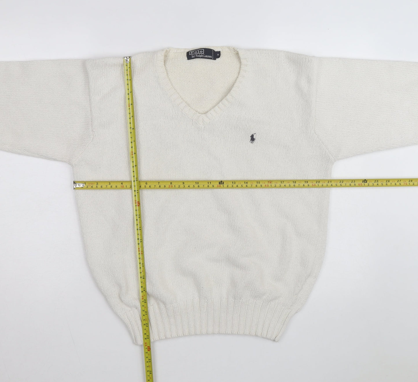 Ralph Lauren Men's Ivory V-Neck Cotton Jumper M Classic Fit