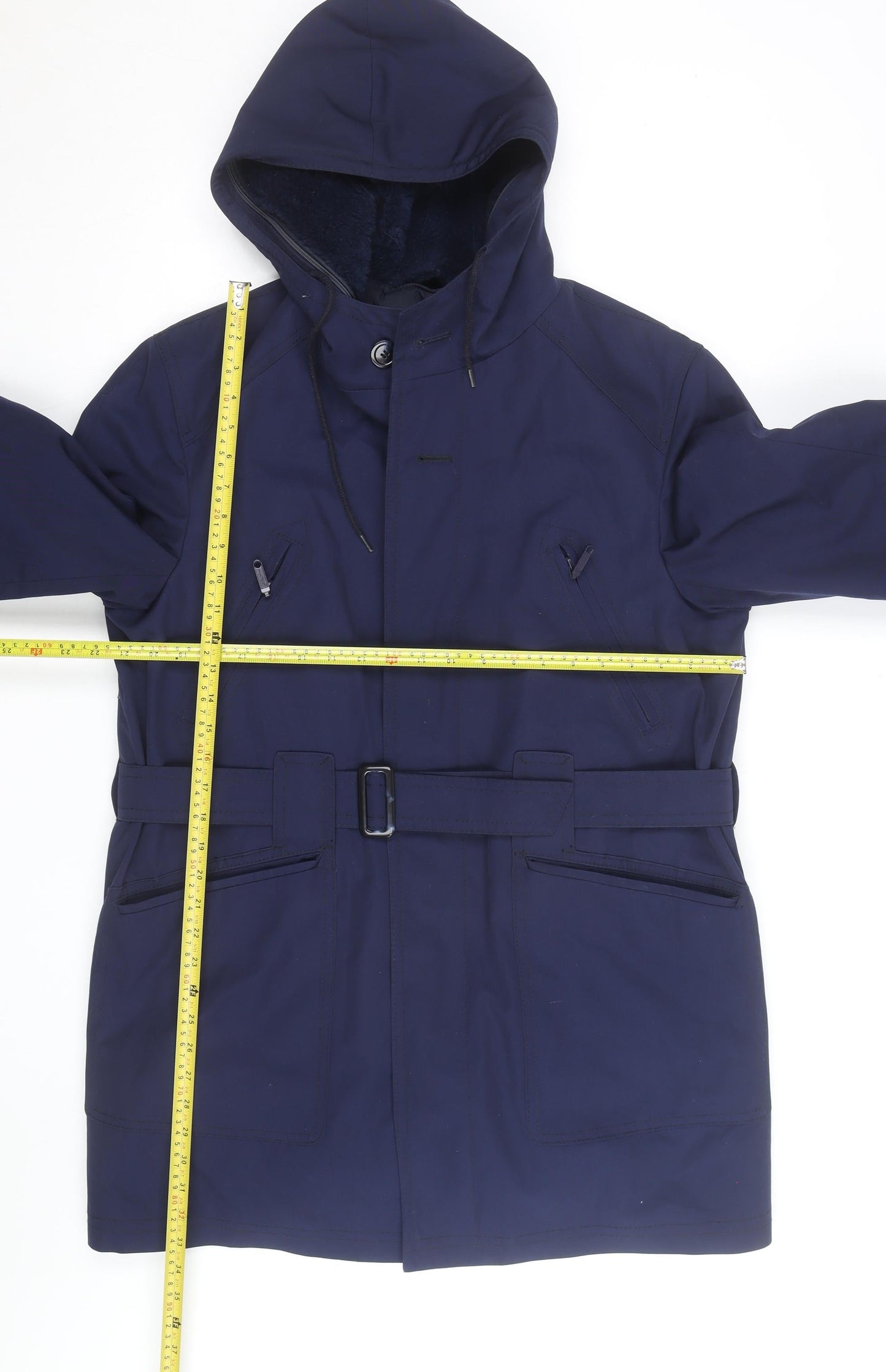 Avino Men Blue Hooded Belted Parka Coat Size 41 Regular Fit Winter