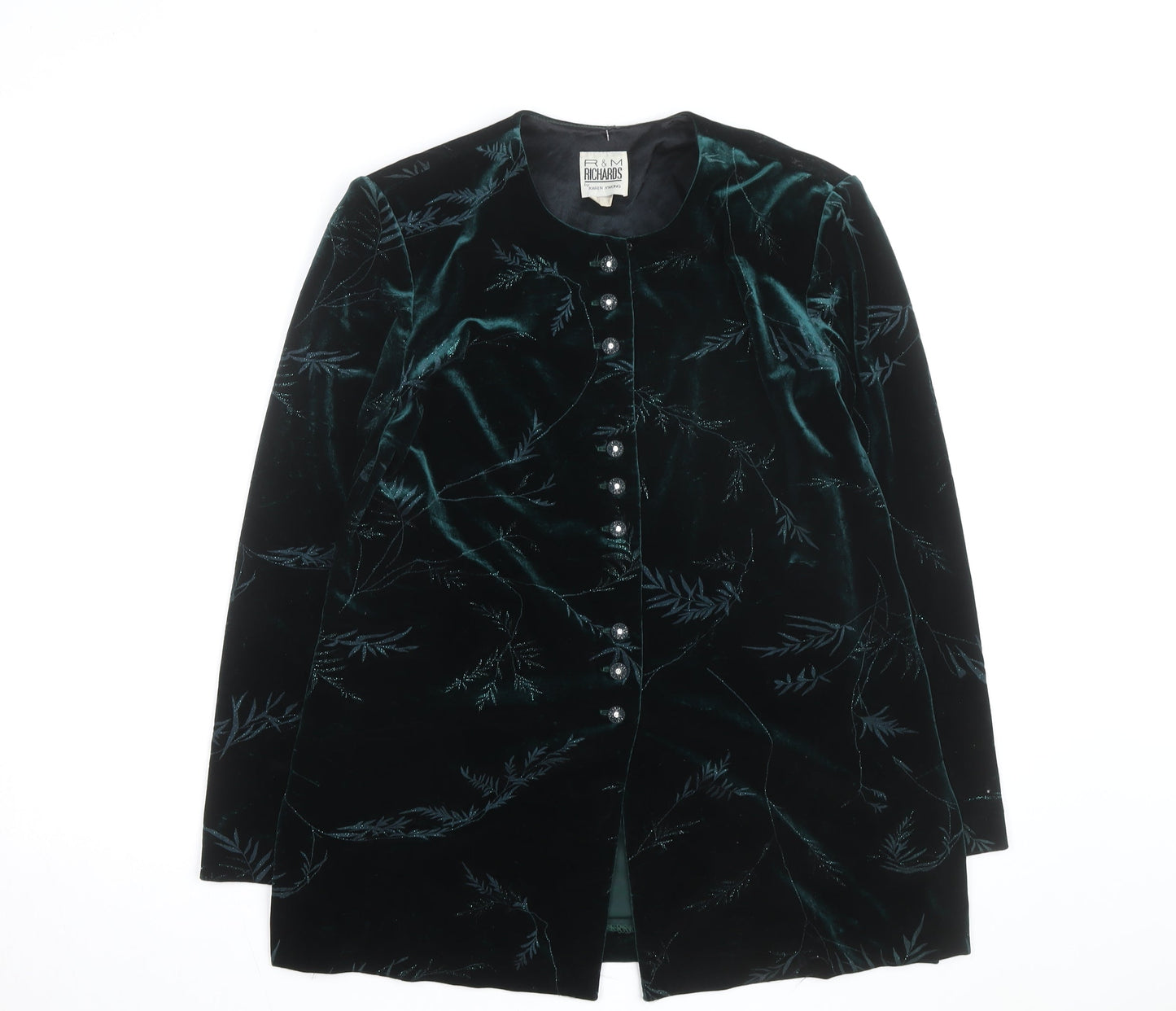 R&M Richards Women’s Green Velvet Floral Overcoat Size 10