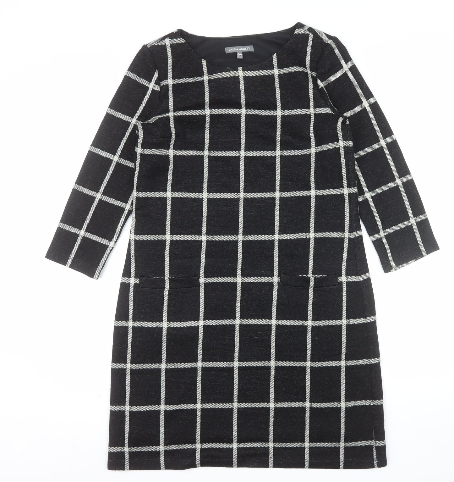 Laura Ashley Womens Black Check Shift Dress Size 12 3/4 Sleeve Knit