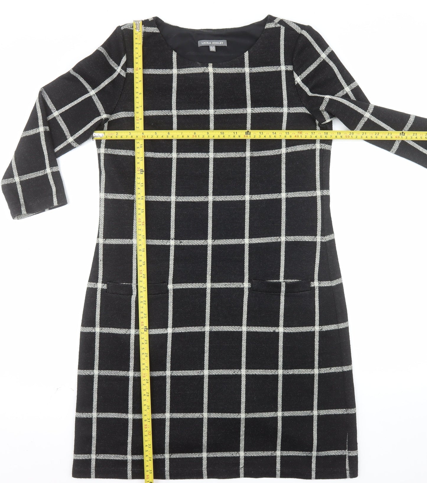 Laura Ashley Womens Black Check Shift Dress Size 12 3/4 Sleeve Knit