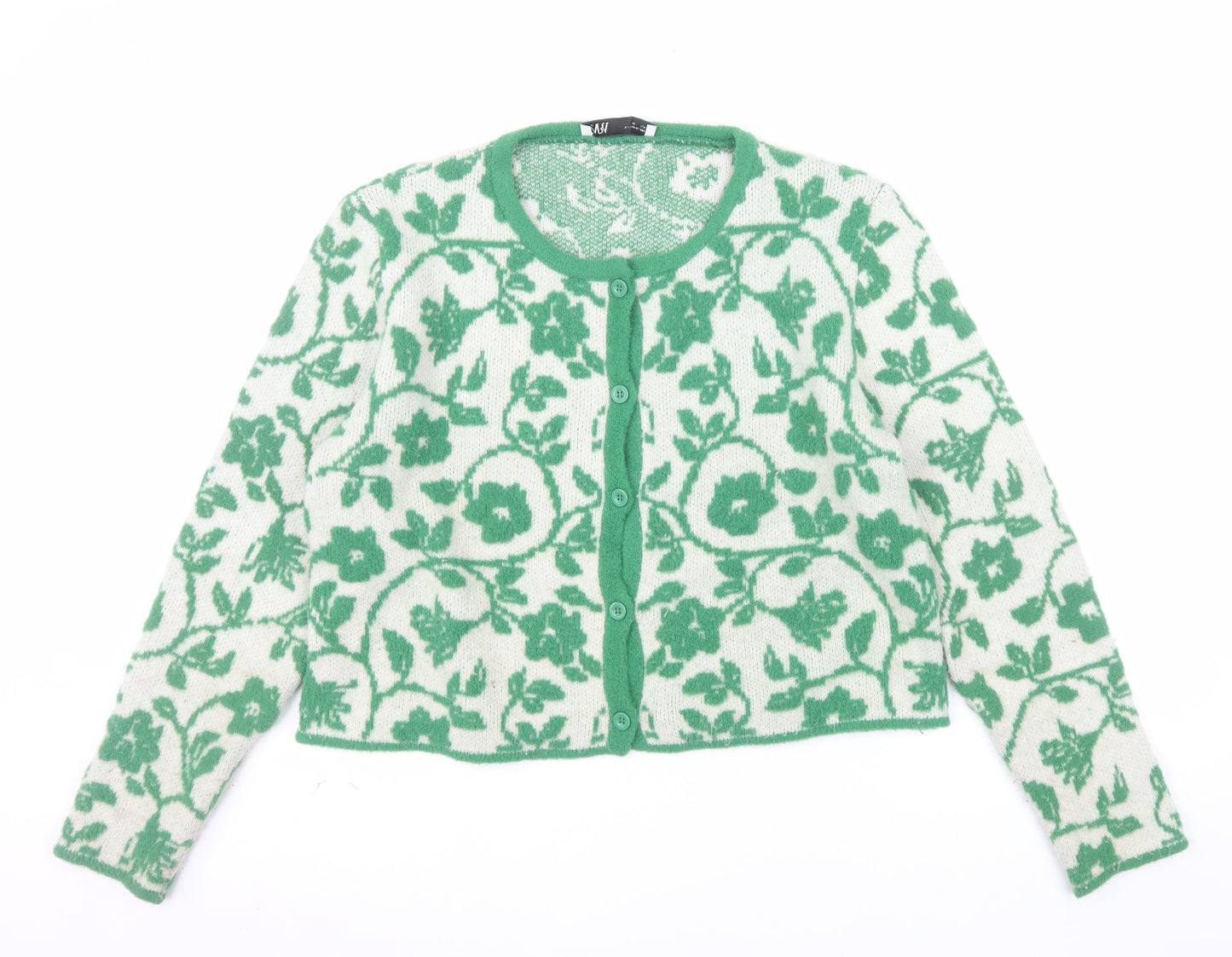 Zara Women Green Floral Knit Button Cardigan Size XL