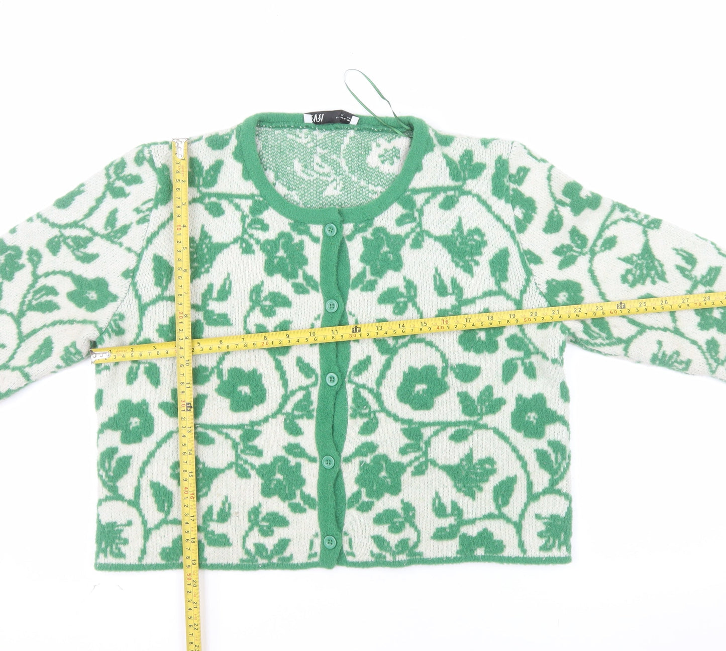 Zara Women Green Floral Knit Button Cardigan Size XL