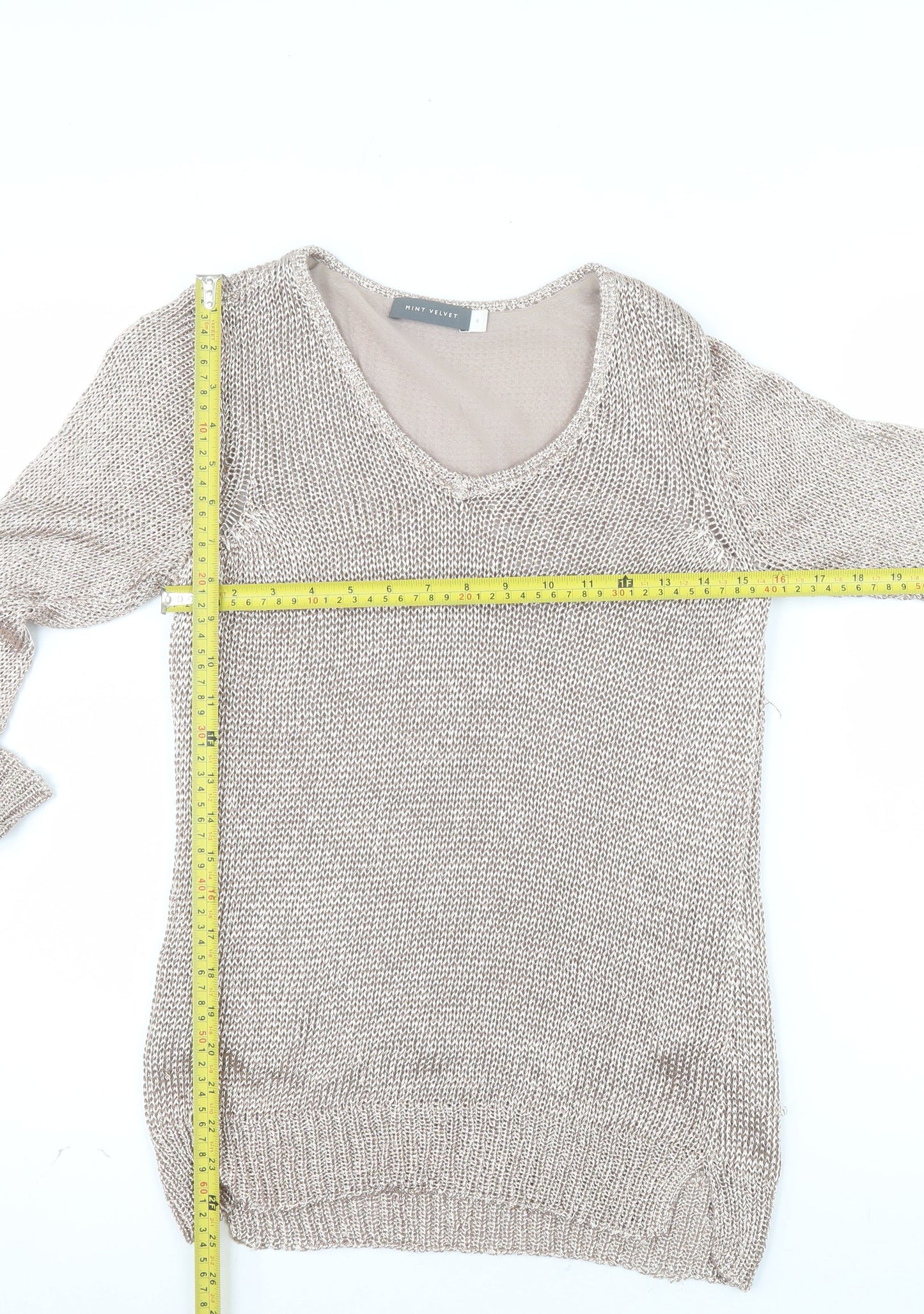 Mint Velvet Women’s Beige V-Neck Long Sleeve Open-Knit Jumper Size 8