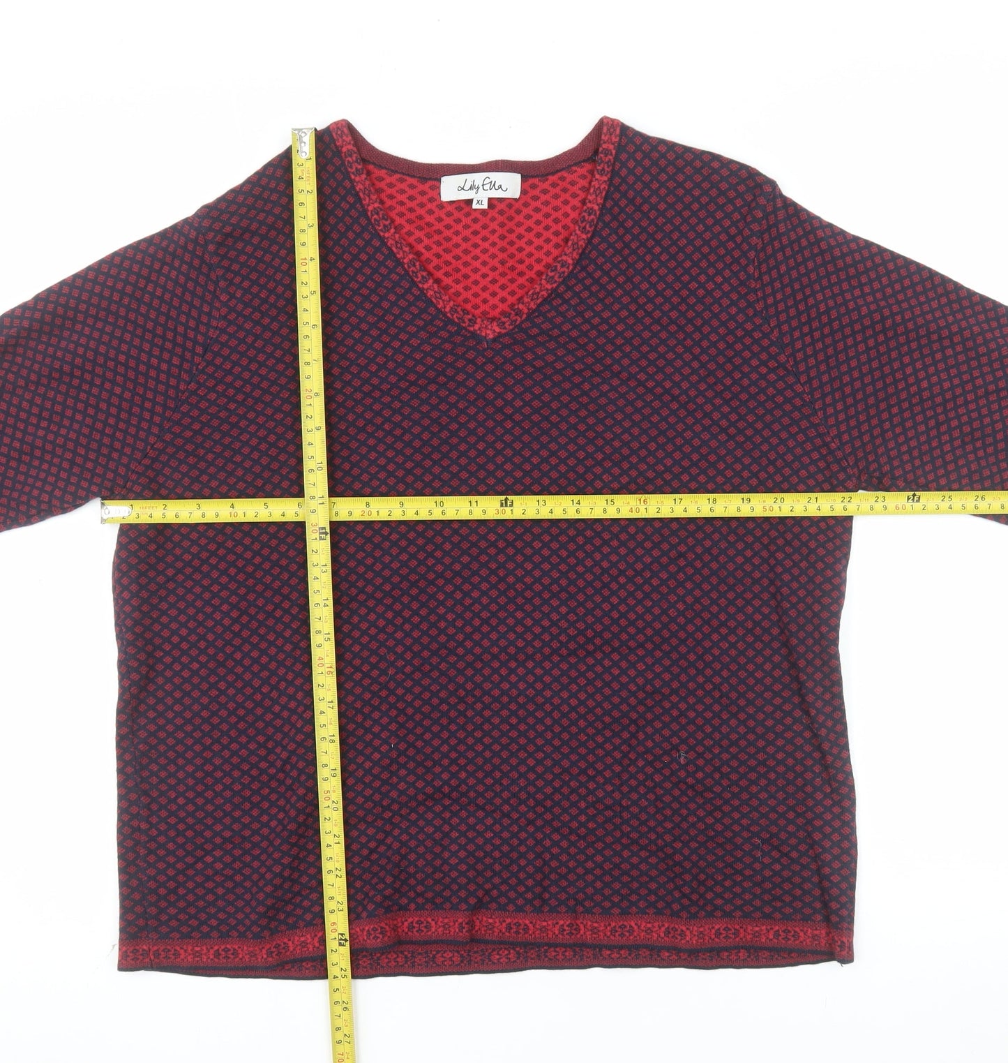 Lily Ella Women's Red Geometric V-Neck Cotton Jumper XL