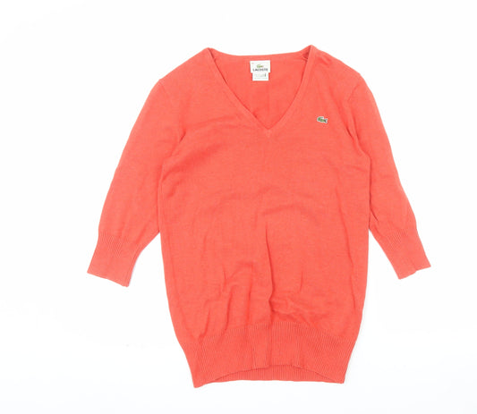 Lacoste Womens Orange V-Neck Cotton Cashmere Jumper Size 14